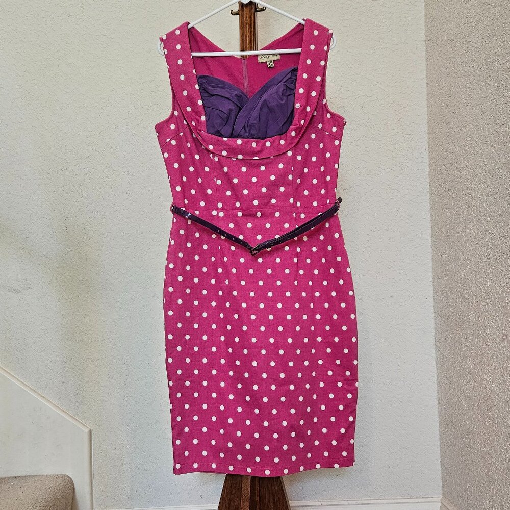 Lindy Bop Vanessa Pink Polka Dot Body Con Dress with Purple
